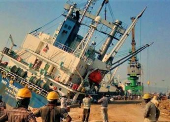 Foreign Cargo ship tilts dangerously at Visakhapatnam Port