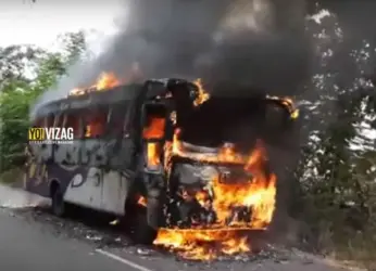 Tourist bus catches fire on road in Vizianagaram district