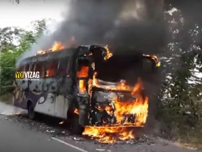 Tourist bus catches fire on road in Vizianagaram district