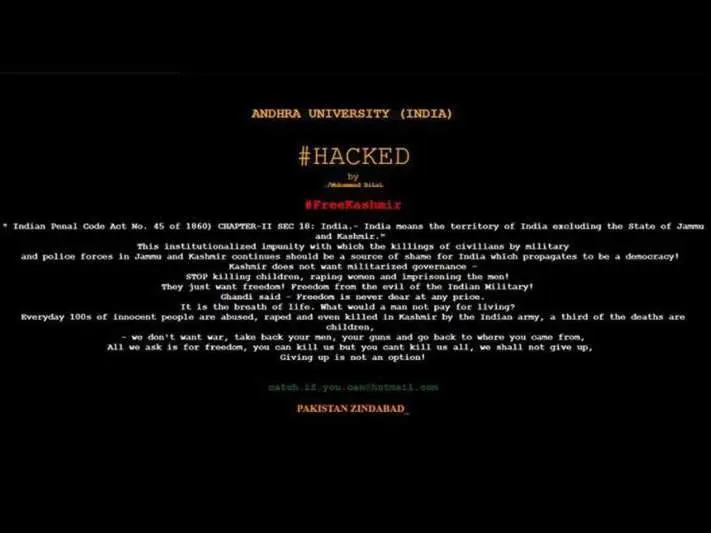Andhra University website gets hacked by a Pakistani hacker