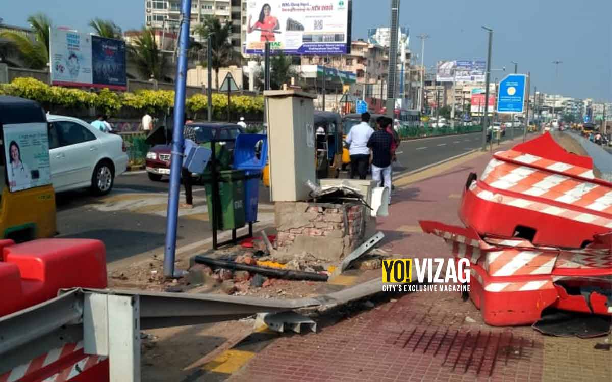 Speeding lorry rams into the divider at Beach Road in Visakhapatnam