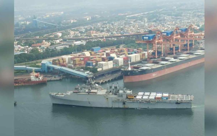 INS Jalashwa arrives at Vizag with medical equipment from Brunei and Singapore