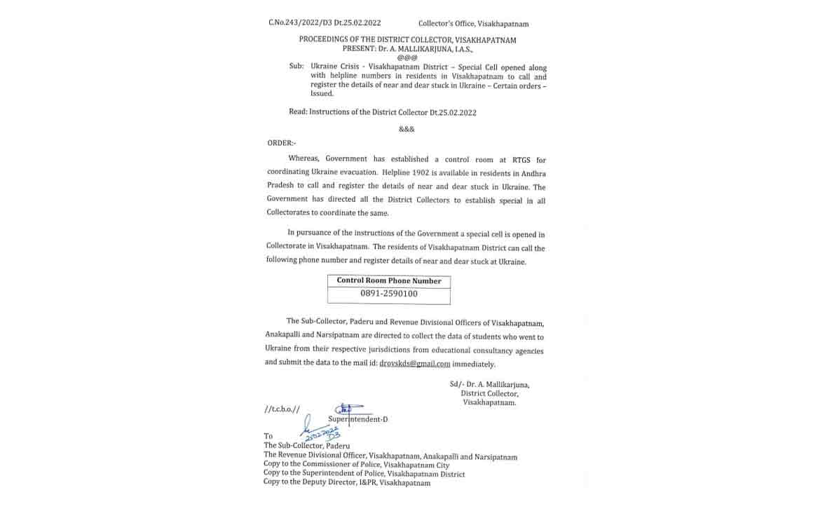 Helpline number in Visakhapatnam Collectorate for AP students in Ukraine`