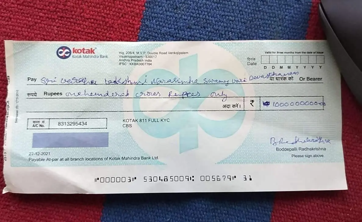 Visakhapatnam: Man with Rs 22 in account donates 100 crores cheque to Simhachalam