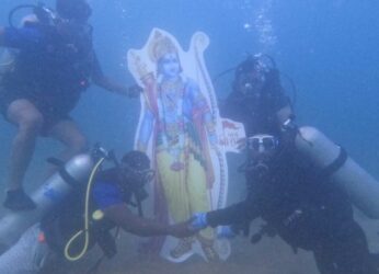 Scuba divers in Visakhapatnam immerse a Ram Idol underwater at Rushikonda