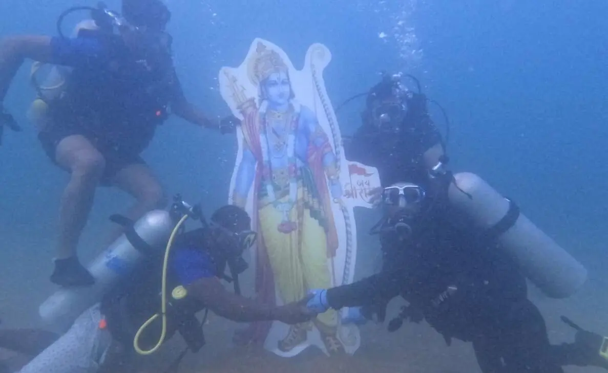 Scuba divers in Visakhapatnam immerse a Ram Idol underwater at Rushikonda